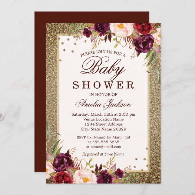 Invitación Burgundy Gold floral Sparkle Baby Shower (Anverso / Reverso)