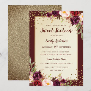 Invitación Burgundy Gold Floral Sparkle Cumpleaños
