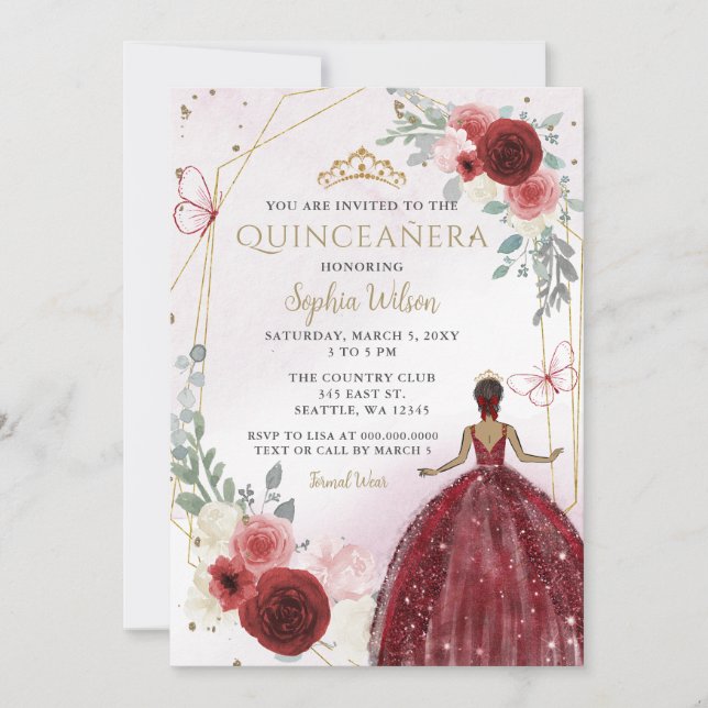 Invitación Burgundy Gold Floral Tan Princesa Quinceañera (Anverso)