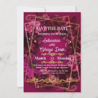 Invitación Burgundy Gold Floral Wedding Save the Date