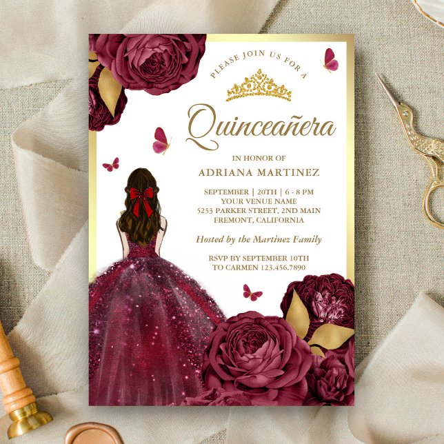 Invitación Burgundy Gold Flress Butterfly Quinceanera (Subido por el creador)
