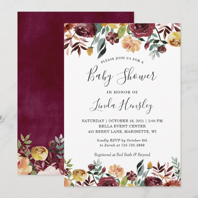 Invitación Burgundy Gold Garden Floral Fall Baby Shower (Anverso / Reverso)