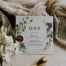 Invitación Burgundy Gold Geometric First Birday Party