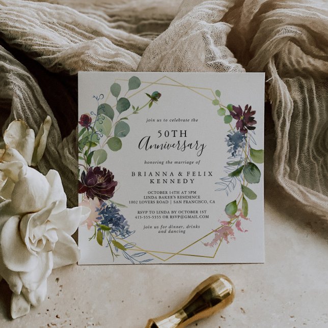 Invitación Burgundy Gold Geométrico 50° Aniversario Boda (Subido por el creador)