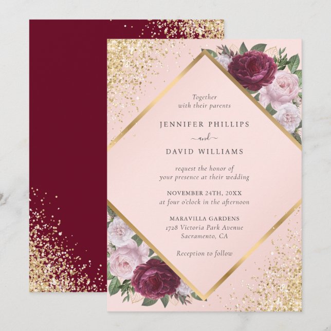 Invitación Burgundy Gold Geométrico Rubor Boda Floral Rosa (Anverso / Reverso)
