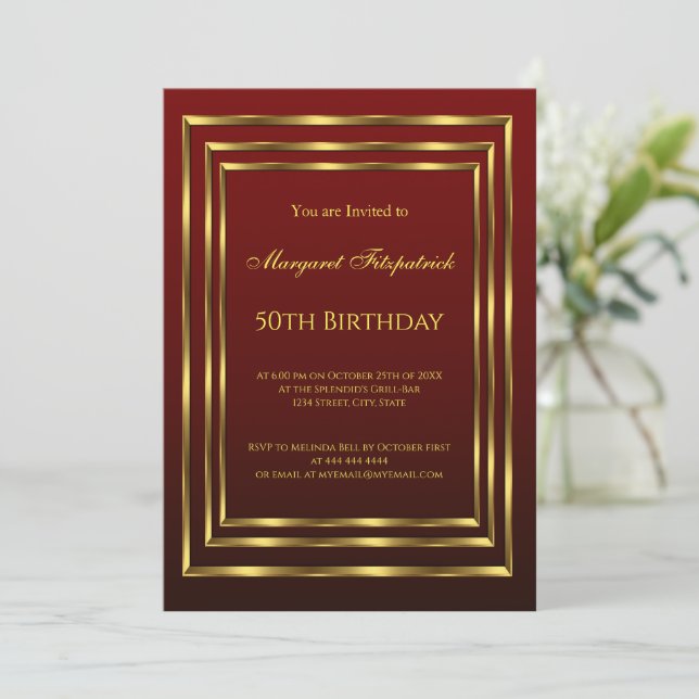 Invitación Burgundy Gold Hermosa fiesta de cumpleaños (Anverso de pie)