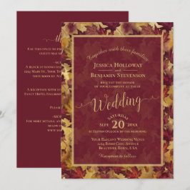 Invitación Burgundy & Gold Leaves Calligraphy QR Code Wedding