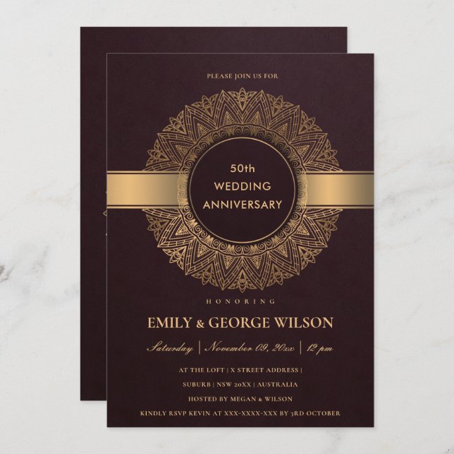 INVITACIÓN BURGUNDY GOLD MANDALA CUALQUIER AÑO 50 ANIVERSARIO (Anverso / Reverso)