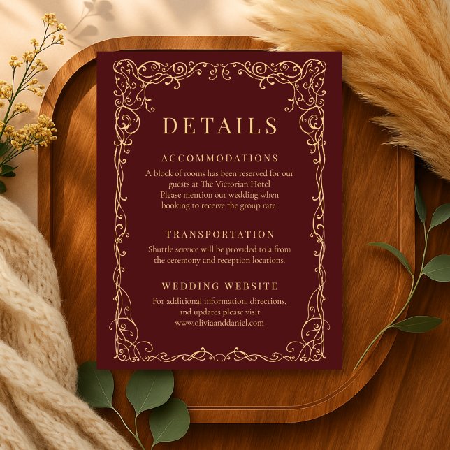 Invitación Burgundy Gold Minimalist Wedding Details (Subido por el creador)