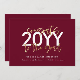 Invitación burgundy gold modern script stylish graduation