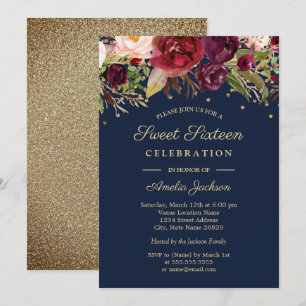 Invitación Burgundy Gold Navy Floral Acuarela Dulces Dieciséi