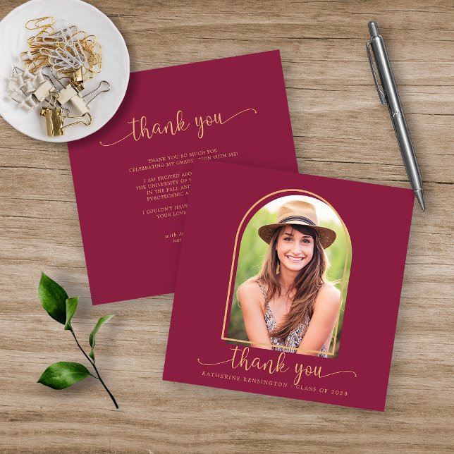 Invitación Burgundy Gold Photo Graduation Thank You (Subido por el creador)