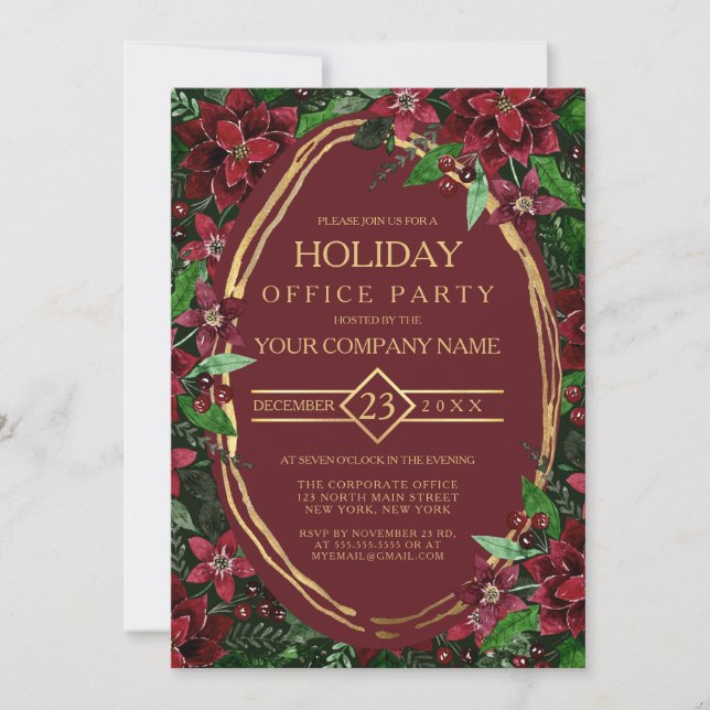 Invitación Burgundy Gold Poinsettia Ivy Corporate Holiday (Anverso)