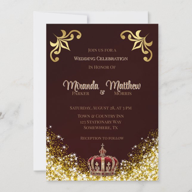 Invitación Burgundy Gold Purpurina Boda Real (Anverso)