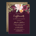 Invitación Burgundy Gold Purpurina Floral 18th Birthday Party<br><div class="desc">Más invitaciones a la fiesta de cumpleaños floral en la tienda Little Bayleigh!</div>
