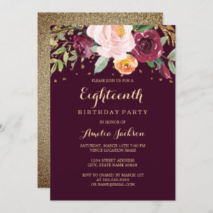 Invitación Burgundy Gold Purpurina Floral 18th Birthday Party