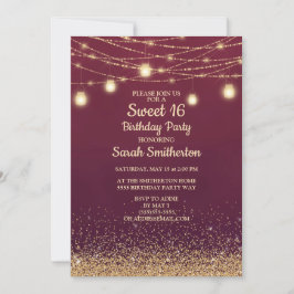 Invitación Burgundy Gold Purpurina String Lights Sweet 16