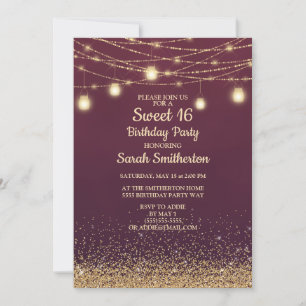 Invitación Burgundy Gold Purpurina String Lights Sweet 16