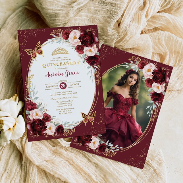 Invitación Burgundy Gold Quinceañera Flores Mariposa Foto (Subido por el creador)