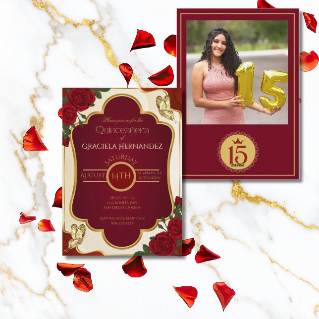 Invitación Burgundy & Gold Quinceañera Photo Invitation (Subido por el creador)
