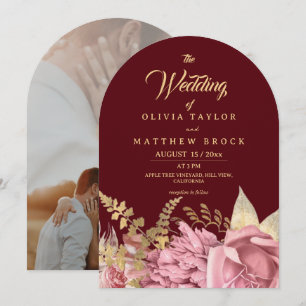 Invitación Burgundy Gold Rose ⎮ Boda Floral Rosado