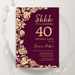 Invitación Burgundy Gold Roses Surprise 40th Birthday<br><div class="desc">Burgundy gold floral surprise 40th birthday party invitation. Elegant design featuring roses,  faux gold foil and typography script font. Trendy invite card perfect for a stylish female bday celebration. Can be customized to any age. Printed Zazzle invitations or instant download digital printable template.</div>