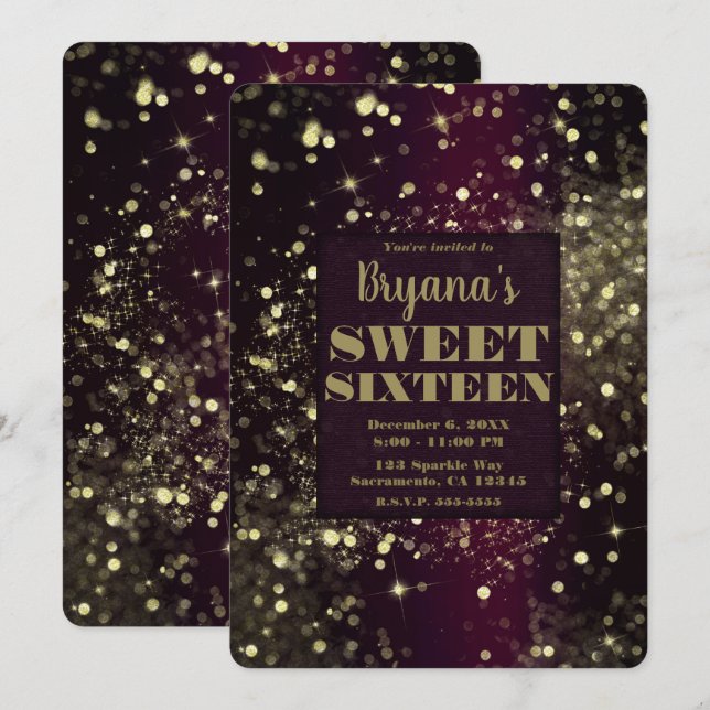 Invitación Burgundy Gold Sparkling Luces Glam Sweet 16 Fiesta (Anverso / Reverso)