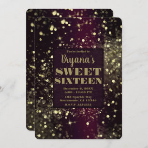 Invitación Burgundy Gold Sparkling Luces Glam Sweet 16 Fiesta