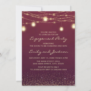 Invitación Burgundy Gold String Lights Engagement Party