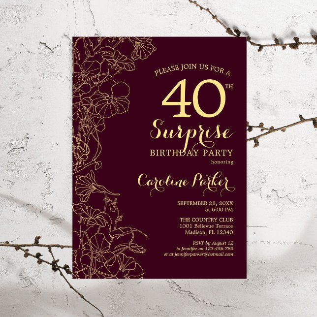 Invitación Burgundy Gold Surprise, 40.ª Fiesta de cumpleaños (Subido por el creador)