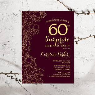 Invitación Burgundy Gold Surprise Fiesta de cumpleaños número