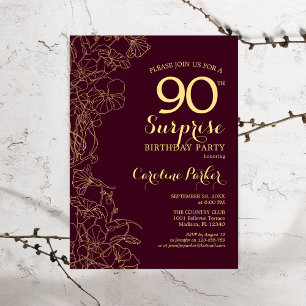 Invitación Burgundy Gold Surprise Fiesta de cumpleaños número