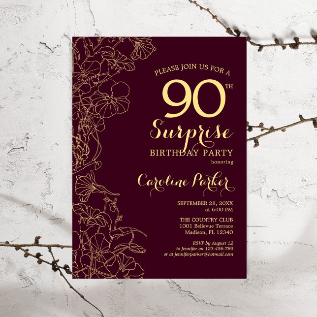 Invitación Burgundy Gold Surprise Fiesta de cumpleaños número (Subido por el creador)