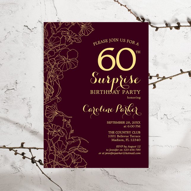 Invitación Burgundy Gold Surprise Fiesta de cumpleaños número (Subido por el creador)
