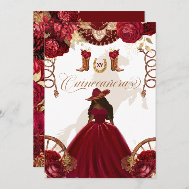 Invitación Burgundy Gold Western Charro Quinceanera de dos la (Anverso / Reverso)