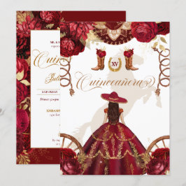 Invitación Burgundy Gold Western Charro Quinceañera de dos la