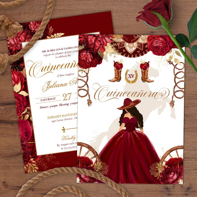 Invitación Burgundy Gold Western Charro Quinceanera de dos la (Subido por el creador)