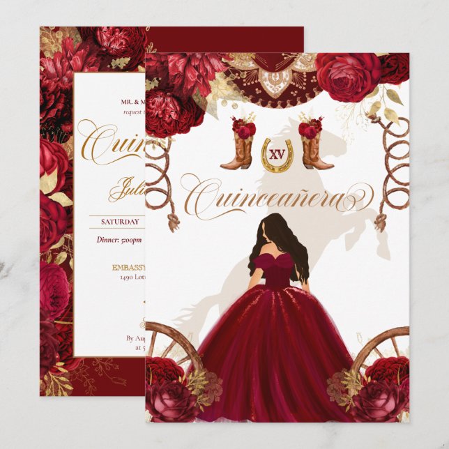 Invitación Burgundy Gold Western Charro Quinceanera de dos la (Anverso / Reverso)