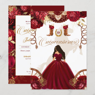 Invitación Burgundy Gold Western Charro Quinceanera de dos la