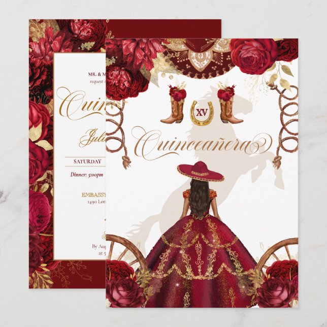 Invitación Burgundy Gold Western Charro Quinceañera de dos la (Anverso / Reverso)