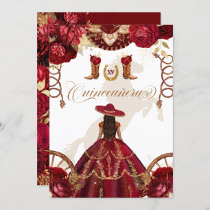 Invitación Burgundy Gold Western Charro Quinceañera de dos la