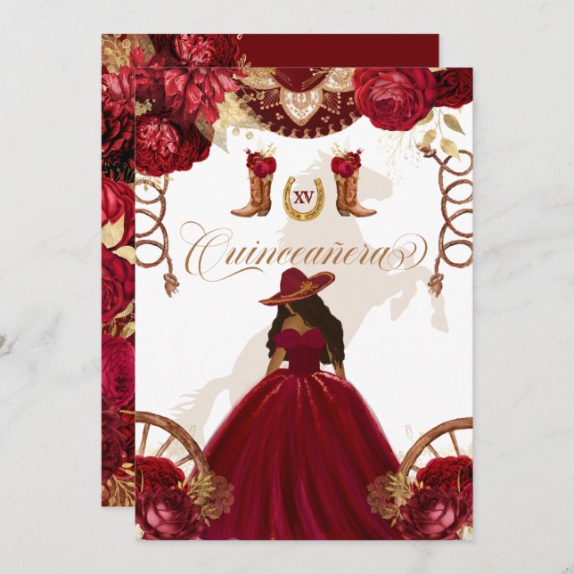 Invitación Burgundy Gold Western Charro Quinceanera I (Anverso / Reverso)