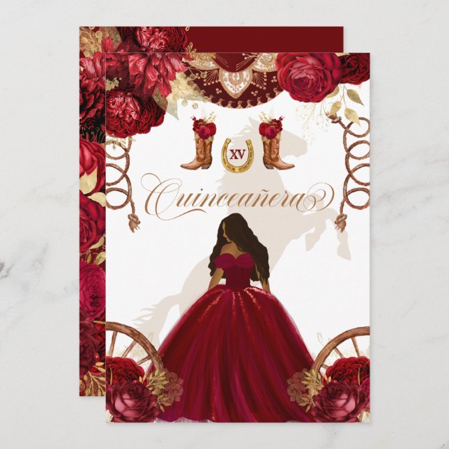 Invitación Burgundy Gold Western Charro Quinceanera I (Anverso / Reverso)