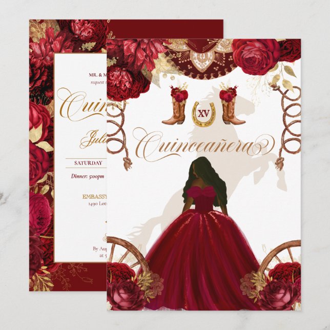 Invitación Burgundy Gold Western Charro Quinceanera I (Anverso / Reverso)