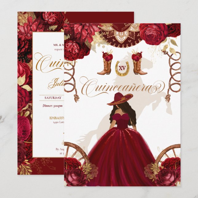 Invitación Burgundy Gold Western Charro Quinceanera I (Anverso / Reverso)