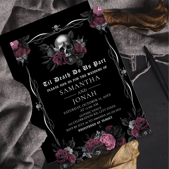 Invitación Burgundy Gothic Floral Skull Boda de Halloween (Subido por el creador)