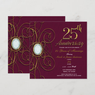 Invitación Burgundy Granate y Diamante Dorado 25 Aniversario 