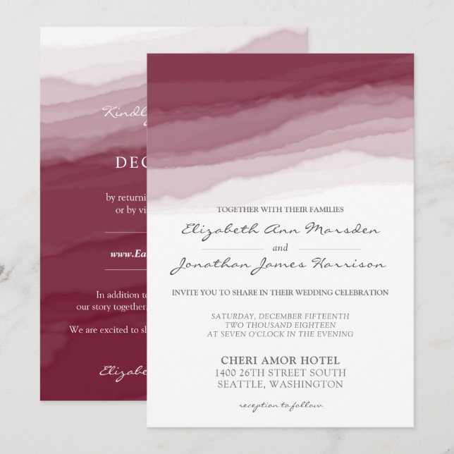 Invitación Burgundy Gray Watercolor Moderno Todo En Un Boda (Anverso / Reverso)