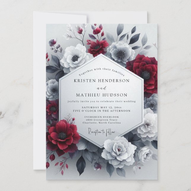 Invitación Burgundy Greyscale Bloom Wedding (Anverso)