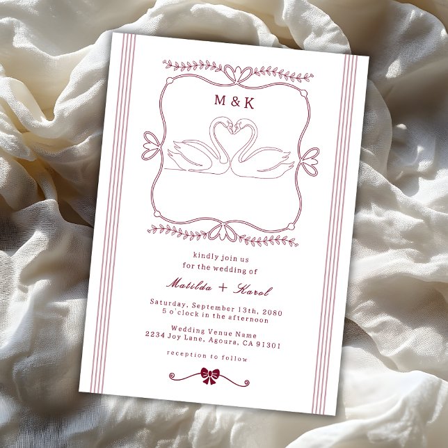 Invitación Burgundy Hand Drawn Swan Stripes Monogram Wedding (Subido por el creador)